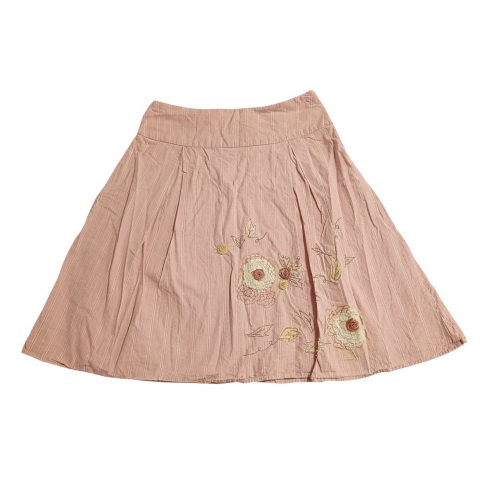 Merona A-Line Skirt Womens 8 Pink Striped Floral Embroidered Ribbon Rose Cotton